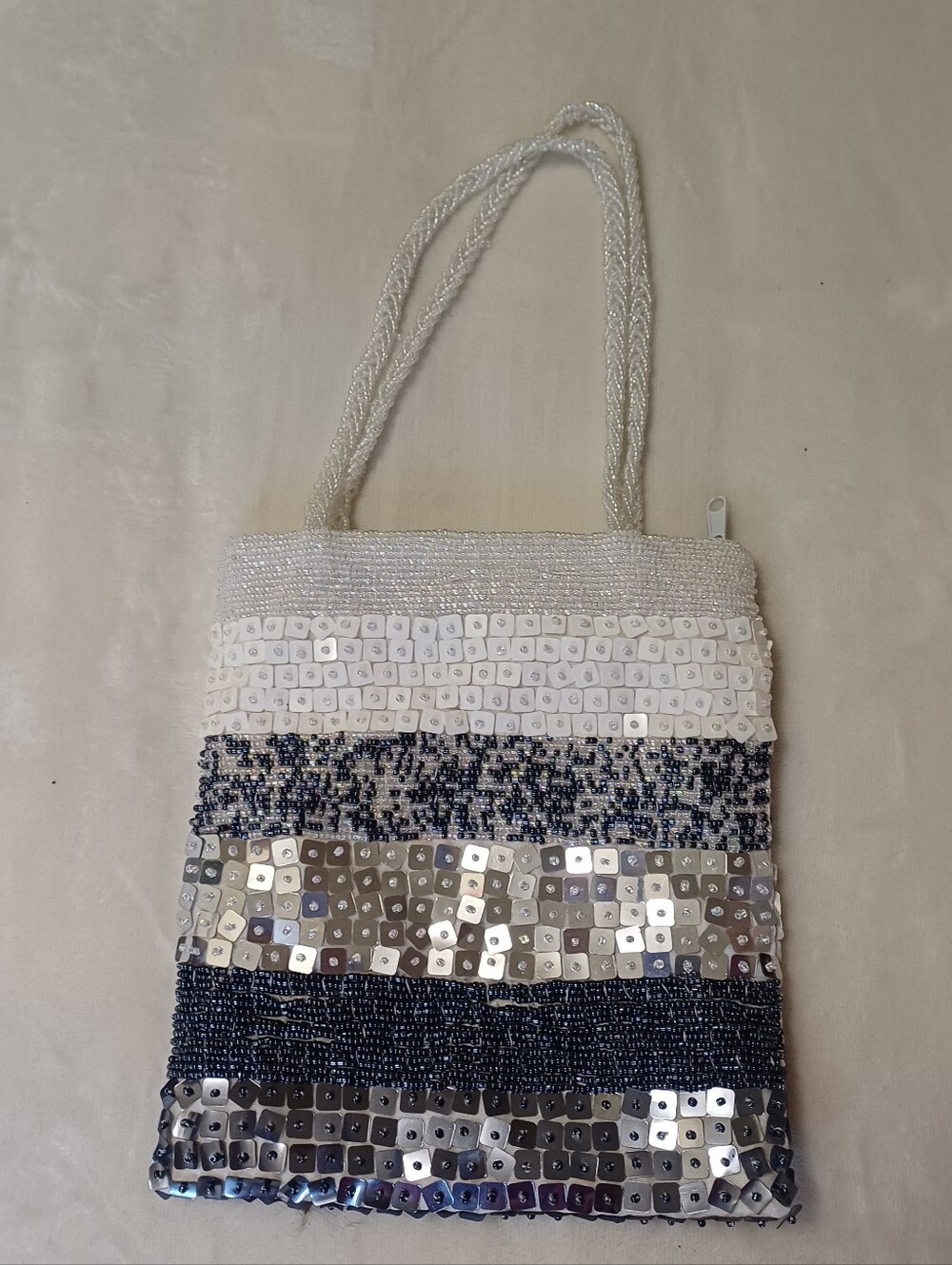 Offers are Accepted vintage beaded & sequin Mini tote bag white silver blue